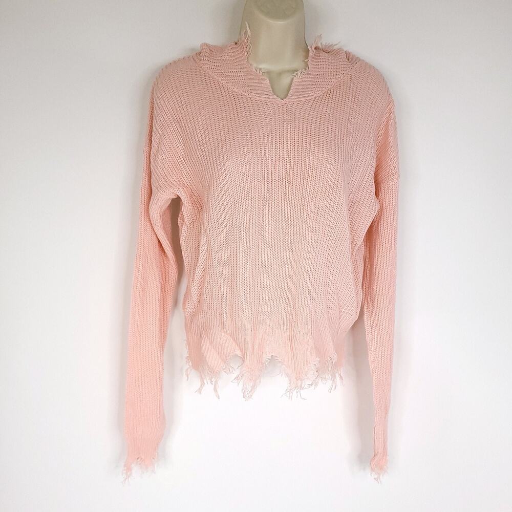 Runway 7 Womens M Pink Cropped Hoodie Sweater Knit Raw Hem Pullover NWT
